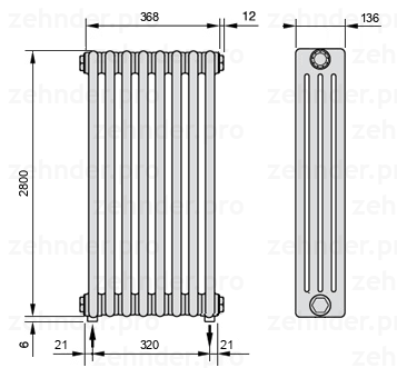 Схема (чертеж) Радиатор Zehnder Charleston 4280/8 №5310 Белый глянцевый RAL 9016